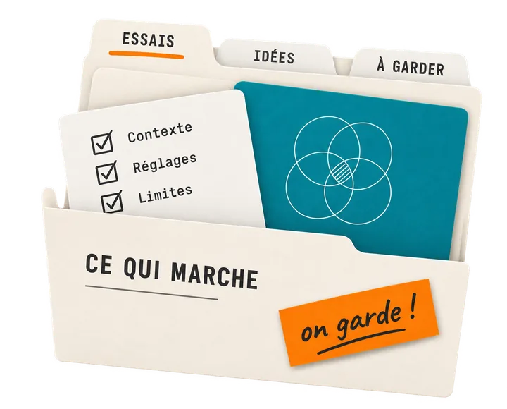 Illustration : un dossier cartonné dont sort une fiche intitulée « ce qui marche », avec une coche orange.